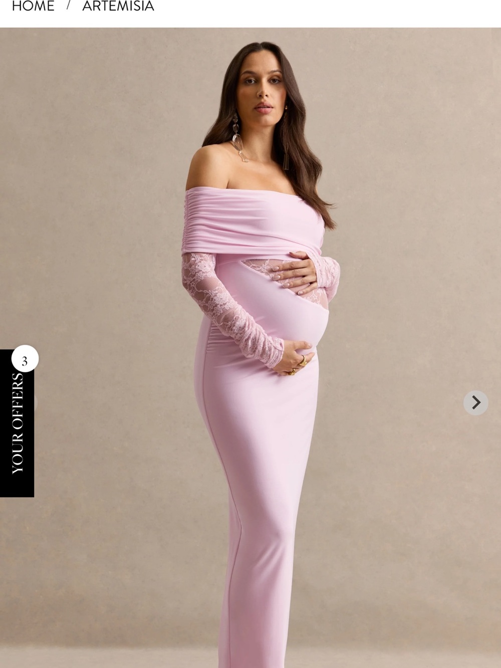 Club L Artemisia Light Pink Bardot-Neck Maternity Maxi Dress With Lace Detailing